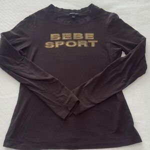 bebe Long Sleeve Logo Tee in Dark Brown with Gold Studs